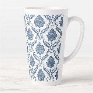 Tasse Latte Motif Damassé Rococo Bleu sur Fond Blanc