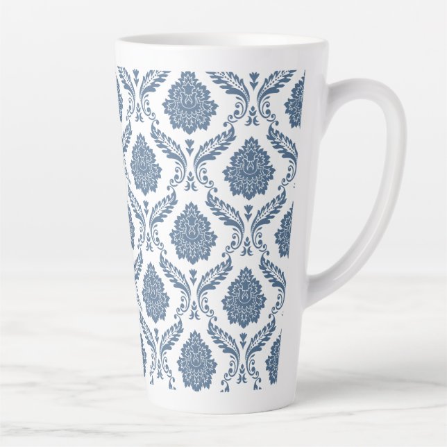 Tasse Latte Motif Damassé Rococo Bleu sur Fond Blanc (Droite)