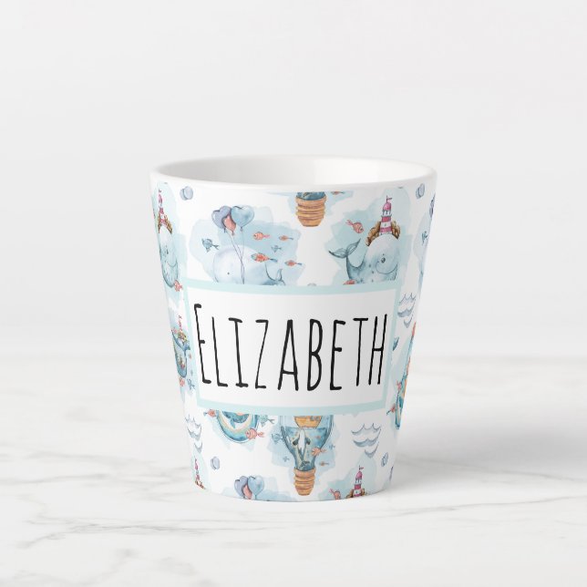 Tasse Latte Motif d'aquarelle de la belle baleine nautique (Devant)