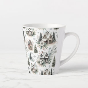 Tasse Latte Motif de chute de neige de cottage d'hiver