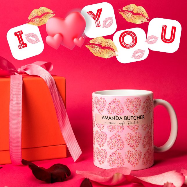 Tasse Latte Motif de coeur romantique et rose (Créateur téléchargé)