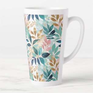Tasse Latte Motif de feuilles élégantes Aqua Rose Faux Or Joli