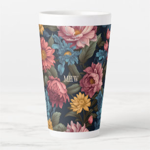 Tasse Latte Motif de fleurs colorées Monogramme personnalisé