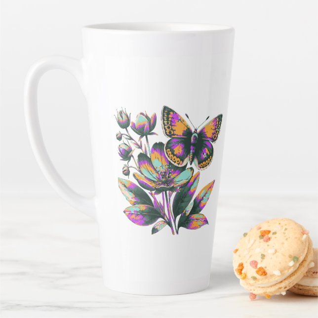 Tasse Latte Motif de fleurs de papillon vibrant (En situation)