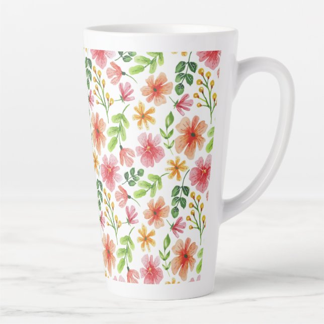 Tasse Latte Motif de fleurs roses à l'aquarelle (Droite)