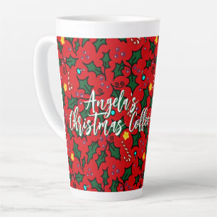 Tasse Latte Motif de Noël avec houx et nom sur café