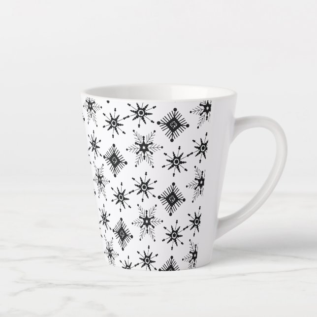 Tasse Latte Motif d'hiver de bulle géométrique Black Snowflake (Droite)