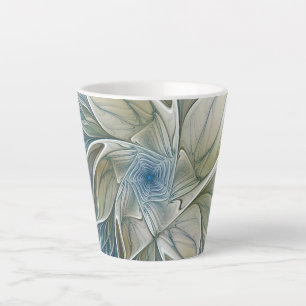 Tasse Latte Motif floral de rêve abstrait bleu kaki fractal