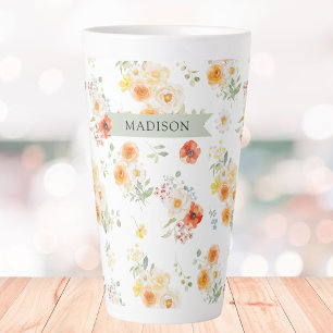 Tasse Latte Motif floral ensoleillé aquarelle avec nom personn