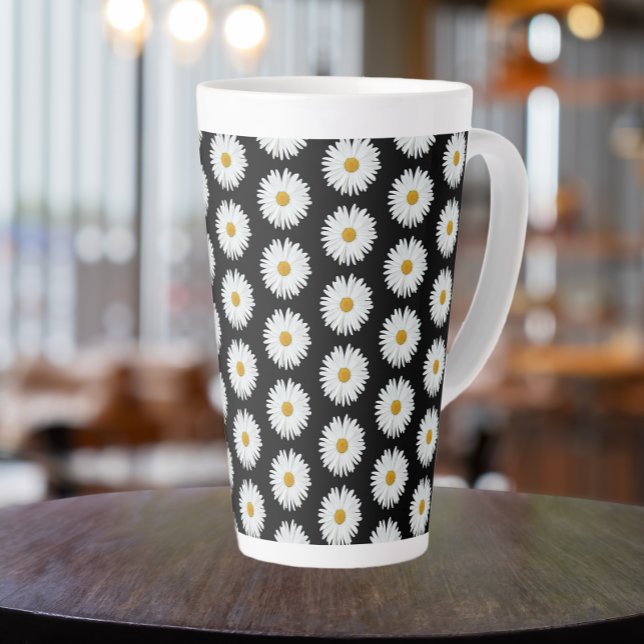 Tasse Latte Motif floral marguerrier blanc sur noir (In Situ)