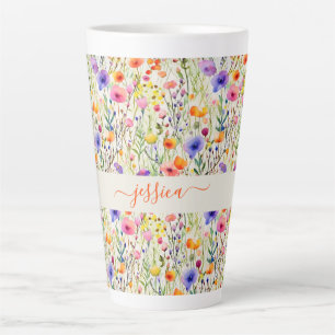 Tasse Latte Motif moderne de fleurs sauvages aquarelle nom de