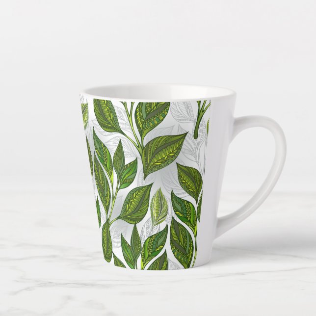 Tasse Latte Motif sans couture avec Feuilles de thé vert (Droite)