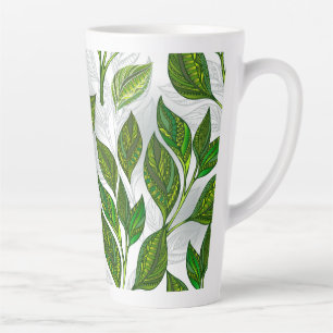 Tasse Latte Motif sans couture avec Feuilles de thé vert