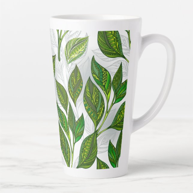 Tasse Latte Motif sans couture avec Feuilles de thé vert (Droite)