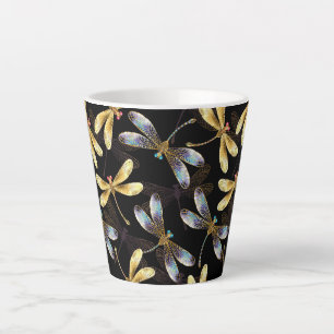 Tasse Latte Motif sans couture avec libellules d'or