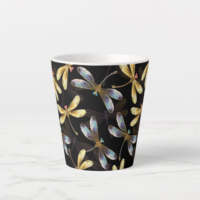 Tasse Latte Motif sans couture avec libellules dorées (Devant)
