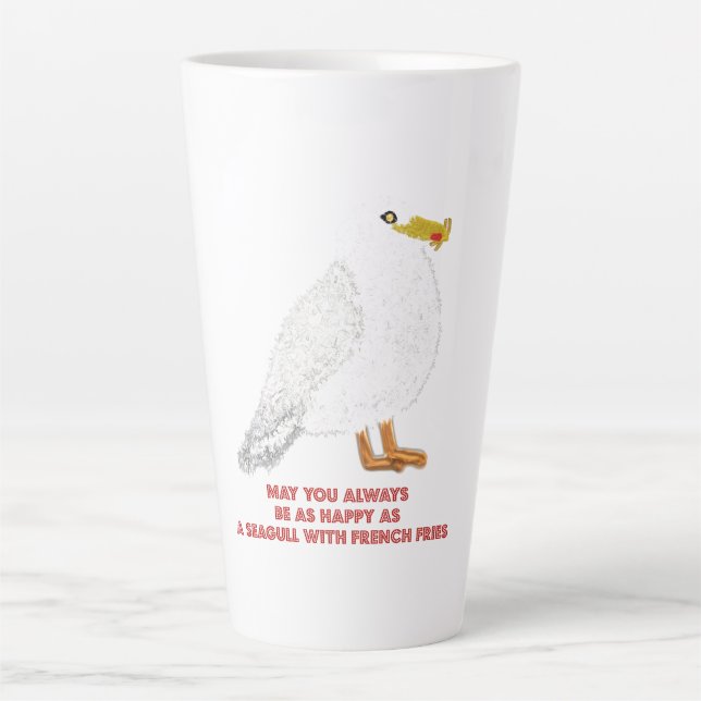 Tasse Latte Mouette mignonne et heureuse avec des frites (Devant)