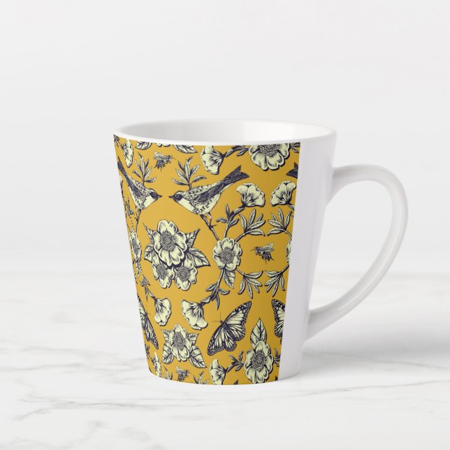 Tasse Latte Moutarde Jaune et Oiseaux de la Marine, Papillons  (Droite)