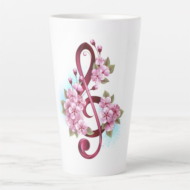 Tasse Latte Musical treble clef notes with sakura flowers (Devant)