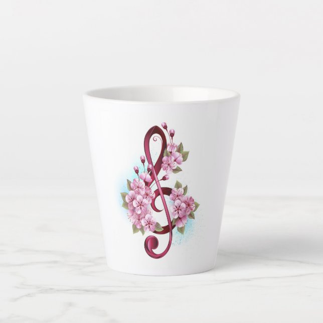 Tasse Latte Musical treble clef notes with sakura flowers (Devant)