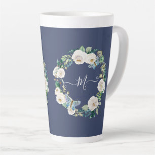 Tasse Latte Nacre d'aquarelle de papillon floral blanc Monogra