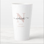 Tasse Latte Nana Élégant Script Monogramme rose<br><div class="desc">Latte tasse pour une nouvelle nana ou bien établie depuis longtemps ! que vous pouvez personnaliser avec la date où ils sont devenus grand-mère. Ce design minimaliste branché présente une palette de couleurs subtile, rose, noir et blanc. Il a un monogramme Nana, avec la lettre initiale N et le nom...</div>