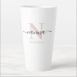 Tasse Latte Nanna Élégant Script Monogramme rose<br><div class="desc">Tasse en latte pour une nouvelle nanna ou grand-mère établie de longue date, que vous pouvez personnaliser avec la date où ils sont devenus grand-parents. Ce design minimaliste branché présente une palette de couleurs subtile, rose, noir et blanc. Il a un monogramme de pavot, avec la lettre initiale N et...</div>