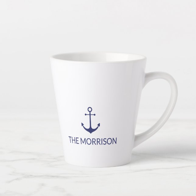 Tasse Latte Nautical Custom Boat Name Marine bleu ancre blanch (Droite)