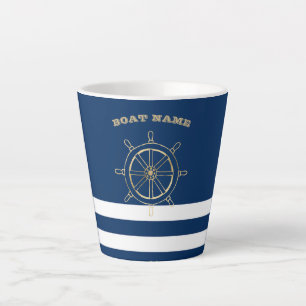 Tasse Latte Nautique, Roue de bateau en or, Bleu de marine