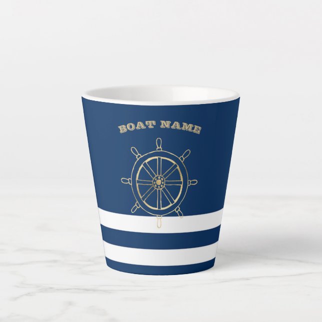 Tasse Latte Nautique, Roue de bateau en or, Bleu de marine (Devant)