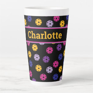 Tasse Latte Neon sur le pickleball noir, nom personnalisé tas
