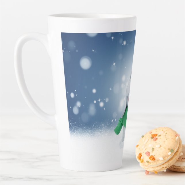 Tasse Latte Noël bonhomme de neige SlipperyJoe foulard vert m (En situation)