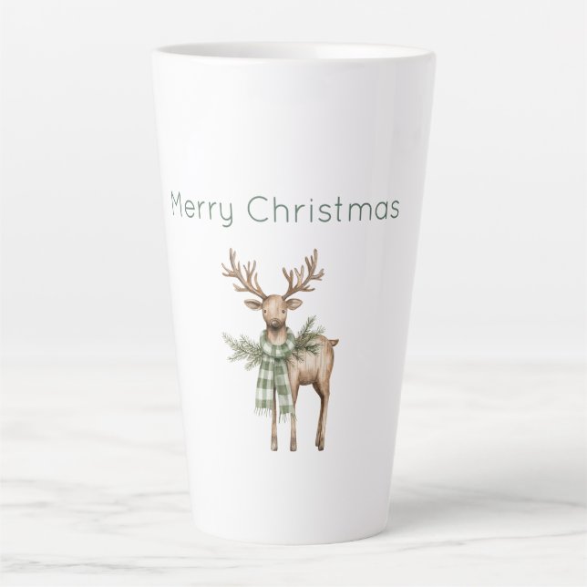 Tasse Latte Noël Cerf Brun Crème Vert Rustique (Devant)