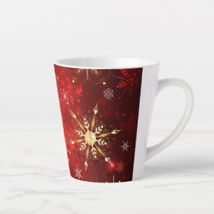 Tasse Latte Noël Golden Snowflakes sur Arrière - plan rouge