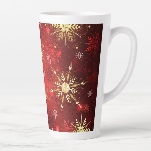 Tasse Latte Noël Golden Snowflakes sur Arrière - plan rouge (Droite)