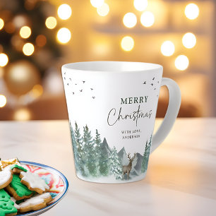 Tasse Latte Noël Vert Aquarelle Pine Forêt Vacances