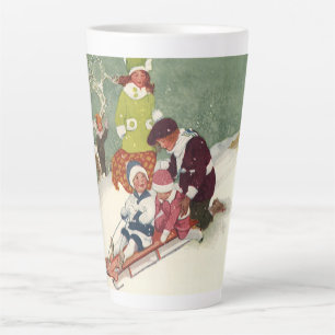Tasse Latte Noël vintage, enfants faisant de la luge dans la n