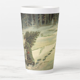 Tasse Latte Noël vintage, le Père Noël portant un arbre