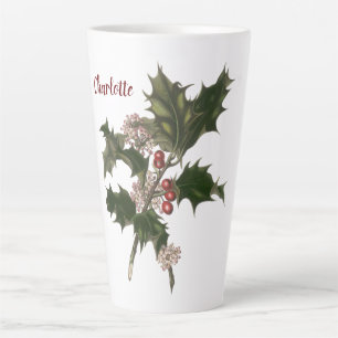 Tasse Latte Noël vintage, plante de houx verte avec baies
