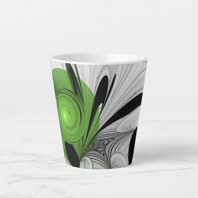 Tasse Latte Noir Abstrait et blanc avec art fractal vert (Devant)