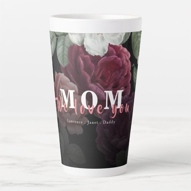 Tasse Latte Noir Blanc Bourgogne Floral Personnalisé Monogramm (Devant)