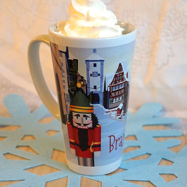Tasse Latte Noisette de Noël Nom personnalisé Rouge (Nostalgic Festive Christmas Red Nutcracker Hot Cocoa Chocolate Mug with Name, Light Blue, Red)