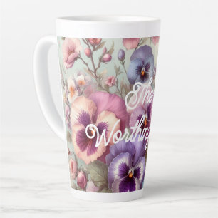 Tasse Latte Nom Aquarelle Vintages Pansies Fleurs Pastels