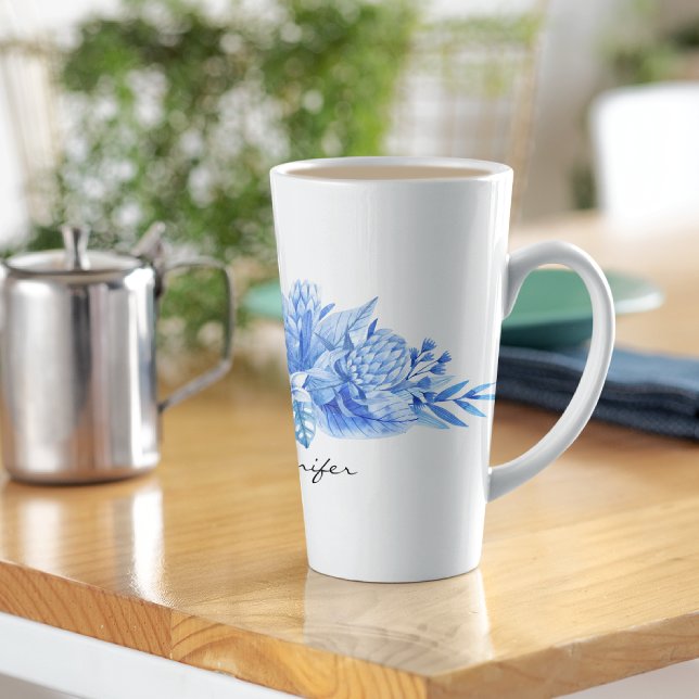 Tasse Latte Nom, Cobalt Blue Tropical Flowers & Feuilles (Créateur téléchargé)