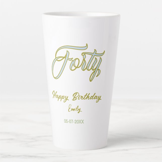 Tasse Latte nom date anniversaire quarante bleu vert pastel te (Devant)