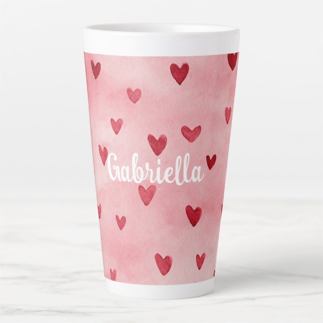 Tasse Latte Nom de cœurs rouges roses (Devant)
