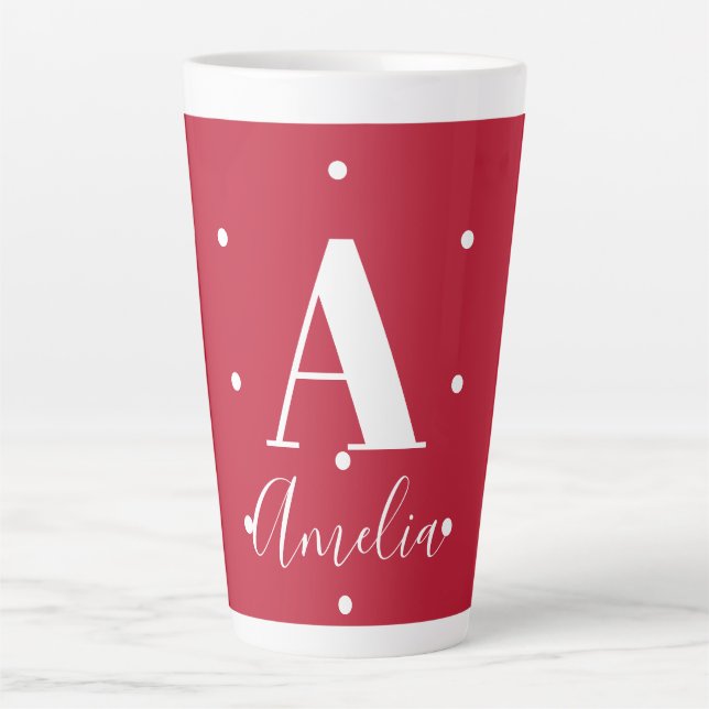 Tasse Latte Nom de monogramme rouge Motif Pois (Devant)