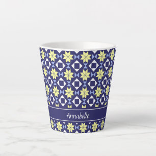 Tasse Latte Nom de motif de carreau floral bleu jaune méditerr