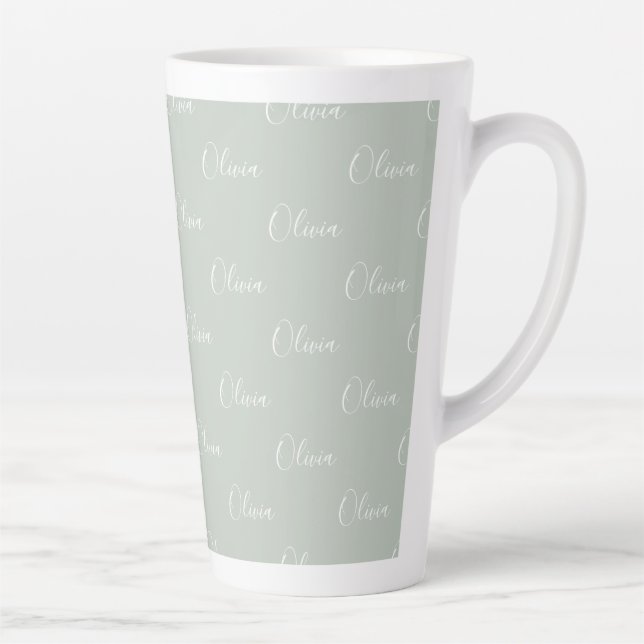 Tasse Latte Nom de script blanc personnalisé Sage Green (Droite)