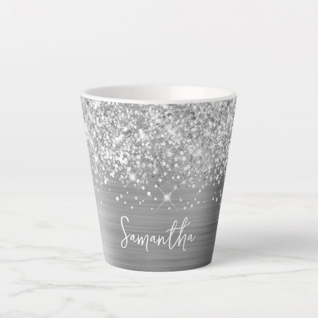 Tasse Latte Nom de script Glam Argent Extra Étincelant (Devant)